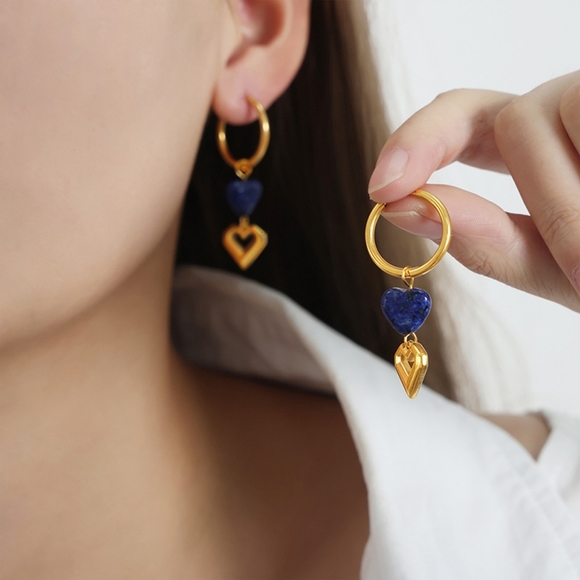 Heart Shape Lapis Lazuli Dangle Earrings - Picture 4 of 10